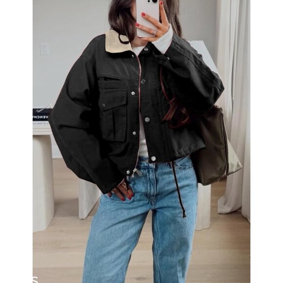 Women Black Cropped Utility Cargo Coat Contrast Collar Barn Outwear - Picture 5 of 6